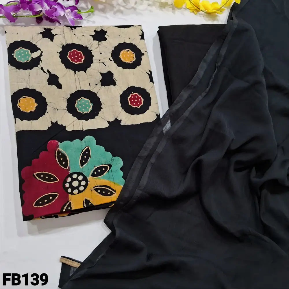 CODE FB139: Beige base batik dyed pure cotton unstitched salwar material(lining needed)black cotton bottom plain