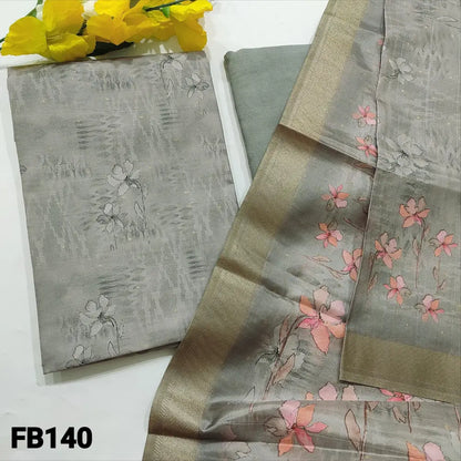 CODE FB140: Light grey printed silk cotton unstitched salwar material zari buttas all over(thin fabric lining