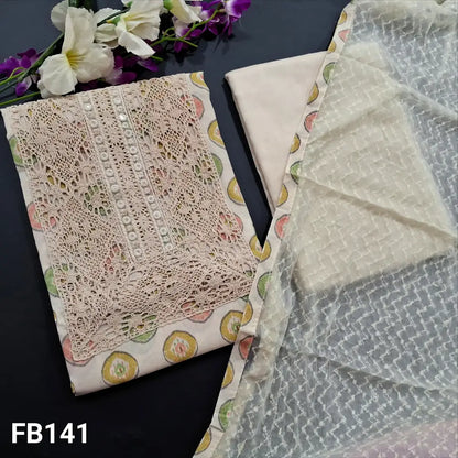 CODE FB141: Light beige printed cotton unstitched salwar material heavy lace work on yoke(thin fabric lining
