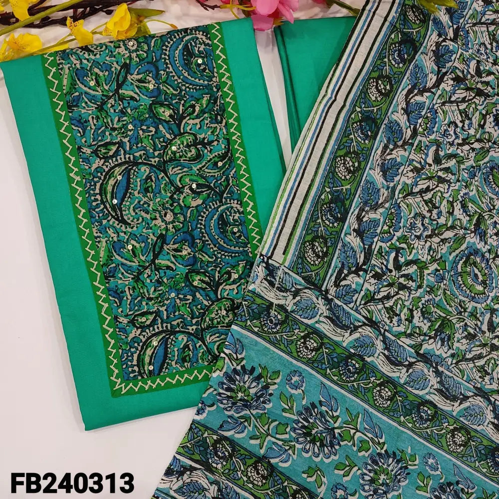 CODE FB240313: Turquoise green premium cotton unstitched salwar material,kalamkari printed yoke patch(lining