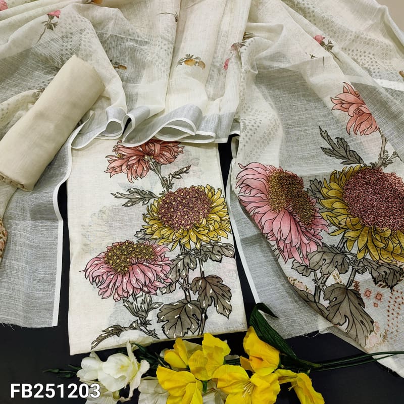 CODE FB241203: Light Beige premium semi linen digital printed unstitched salwar material printed daman(thin,lining