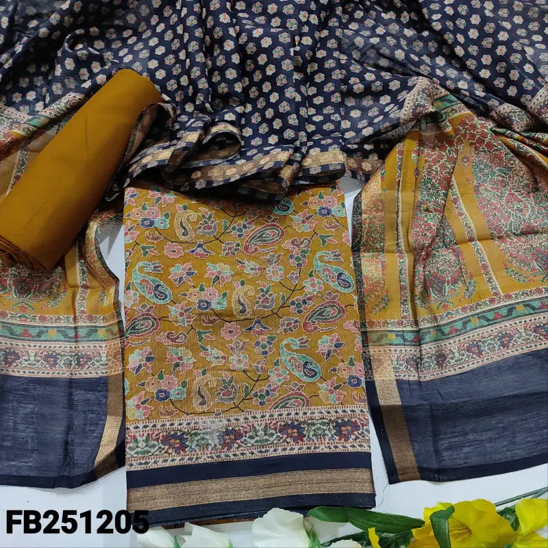 CODE FB241205: Light mehandhi yellow floral printed soft silk cotton unstitched salwar material (thin fabric lining