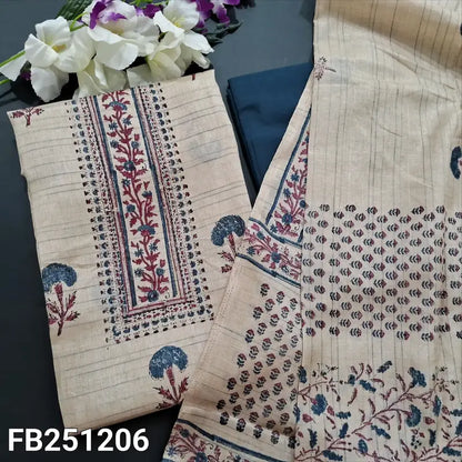 CODE FB241206: Beige block printed semi jute silk unstitched salwar material(thin fabric lining needed)dark blue drum