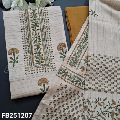 CODE FB241207: Beige block printed semi jute silk unstitched salwar material(thin fabric lining needed)mehandhi yellow