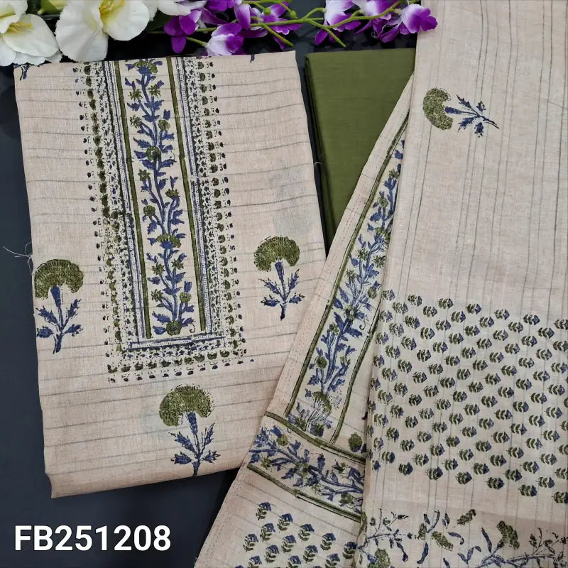 CODE FB241208: Beige block printed semi jute silk unstitched salwar material(thin fabric lining needed)green drum dyed