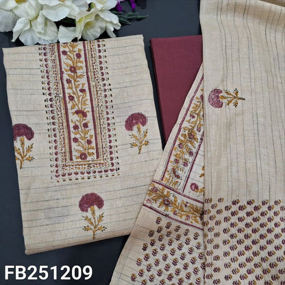 CODE FB241209: Beige block printed semi jute silk unstitched salwar material(thin fabric lining needed)dark beetroot