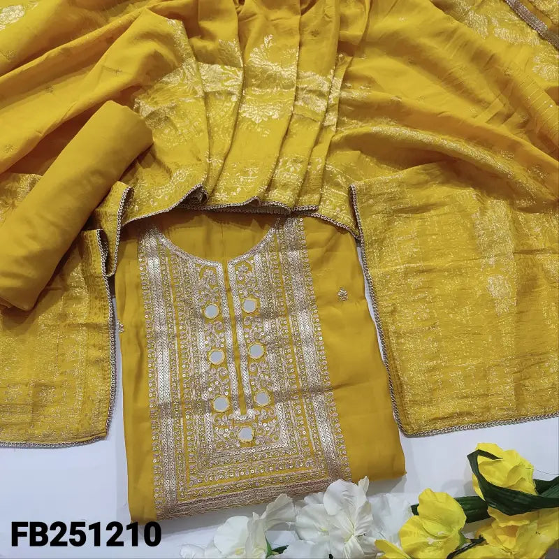 CODE FB241210: Mehandhi yellow soft silk cotton unstitched salwar material zari sequins& real mirror work on yoke(thin