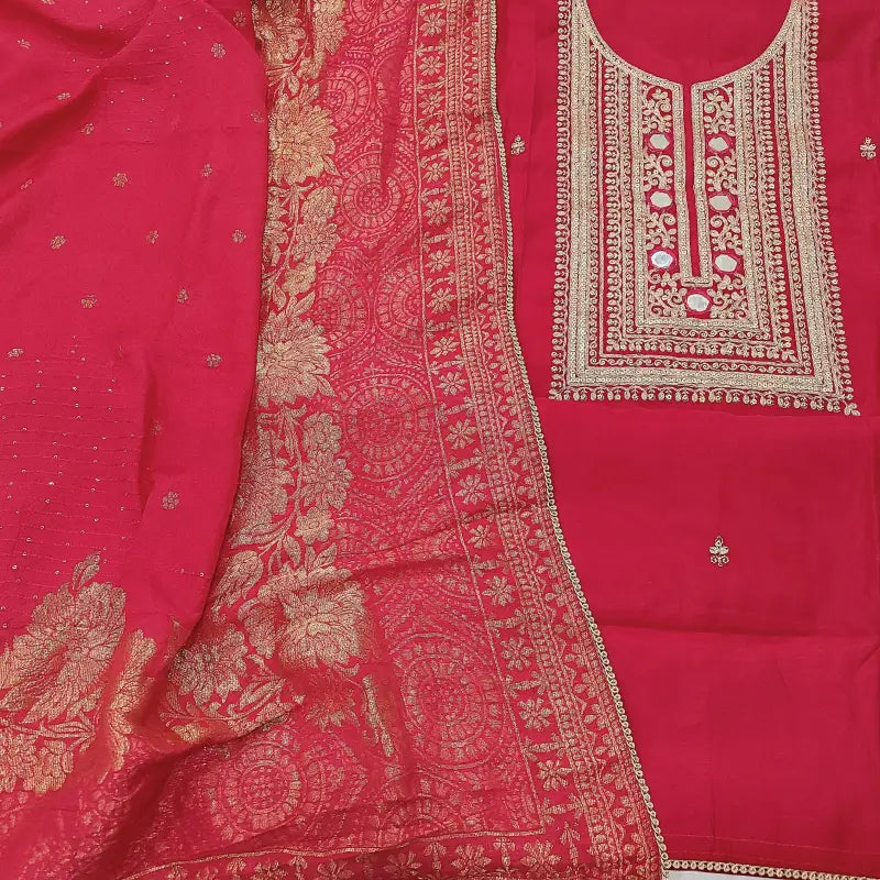 CODE FB241211: Bright pink soft silk cotton unstitched salwar material zari sequins& real mirror work on yoke(thin