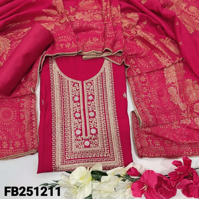 CODE FB241211: Bright pink soft silk cotton unstitched salwar material zari sequins& real mirror work on yoke(thin