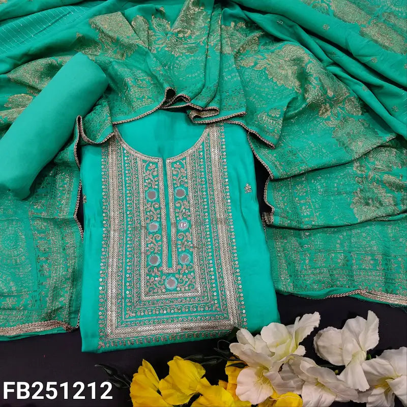 CODE FB241212: Turquoise green soft silk cotton unstitched salwar material zari sequins& real mirror work on yoke(thin