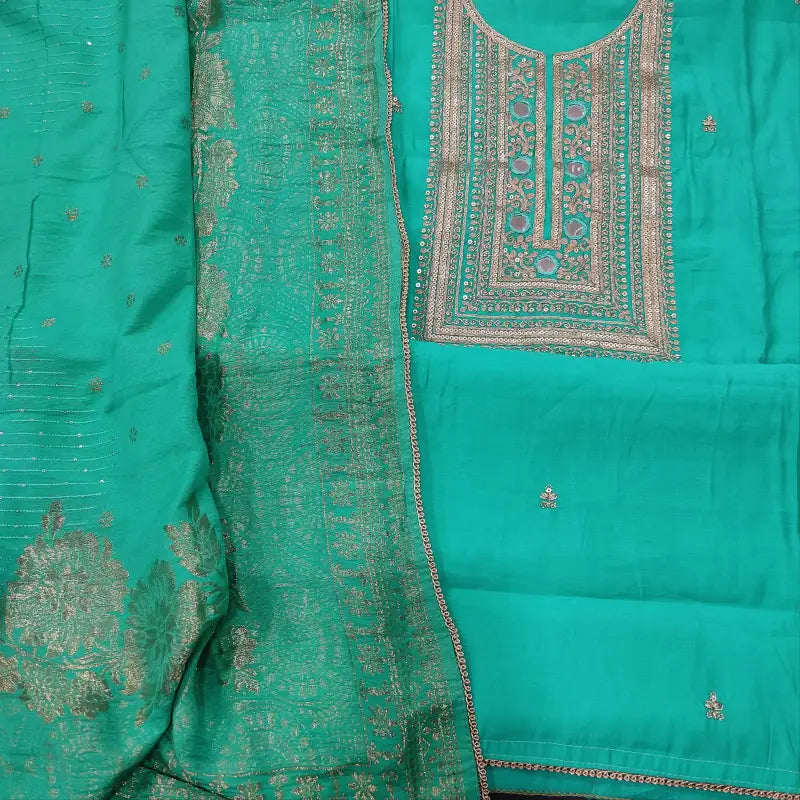 CODE FB241212: Turquoise green soft silk cotton unstitched salwar material zari sequins& real mirror work on yoke(thin