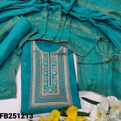 CODE FB241213: Turquoise blue soft silk cotton unstitched salwar material zari sequins& real mirror work on yoke(thin