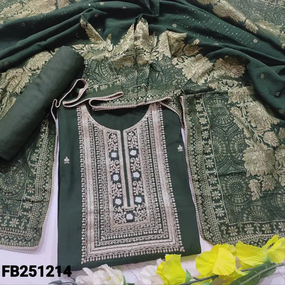 CODE FB241214: Green soft silk cotton unstitched salwar material zari sequins& real mirror work on yoke(thin fabric