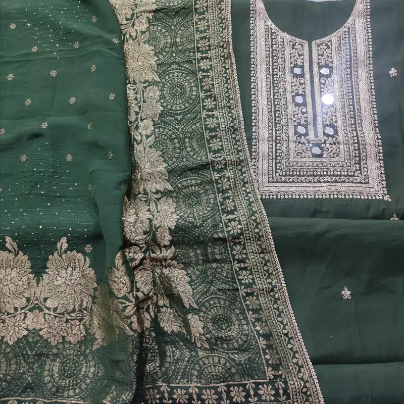 CODE FB241214: Green soft silk cotton unstitched salwar material zari sequins& real mirror work on yoke(thin fabric