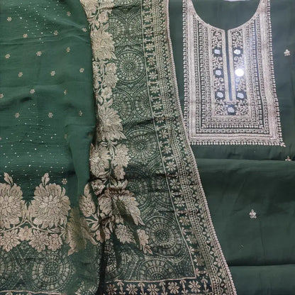 CODE FB241214: Green soft silk cotton unstitched salwar material zari sequins& real mirror work on yoke(thin fabric