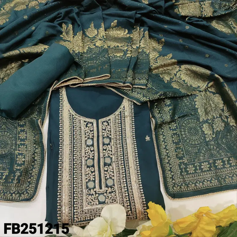 CODE FB241215: Dark teal blue soft silk cotton unstitched salwar material zari sequins& real mirror work on yoke(thin