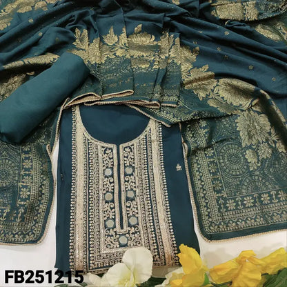 CODE FB241215: Dark teal blue soft silk cotton unstitched salwar material zari sequins& real mirror work on yoke(thin