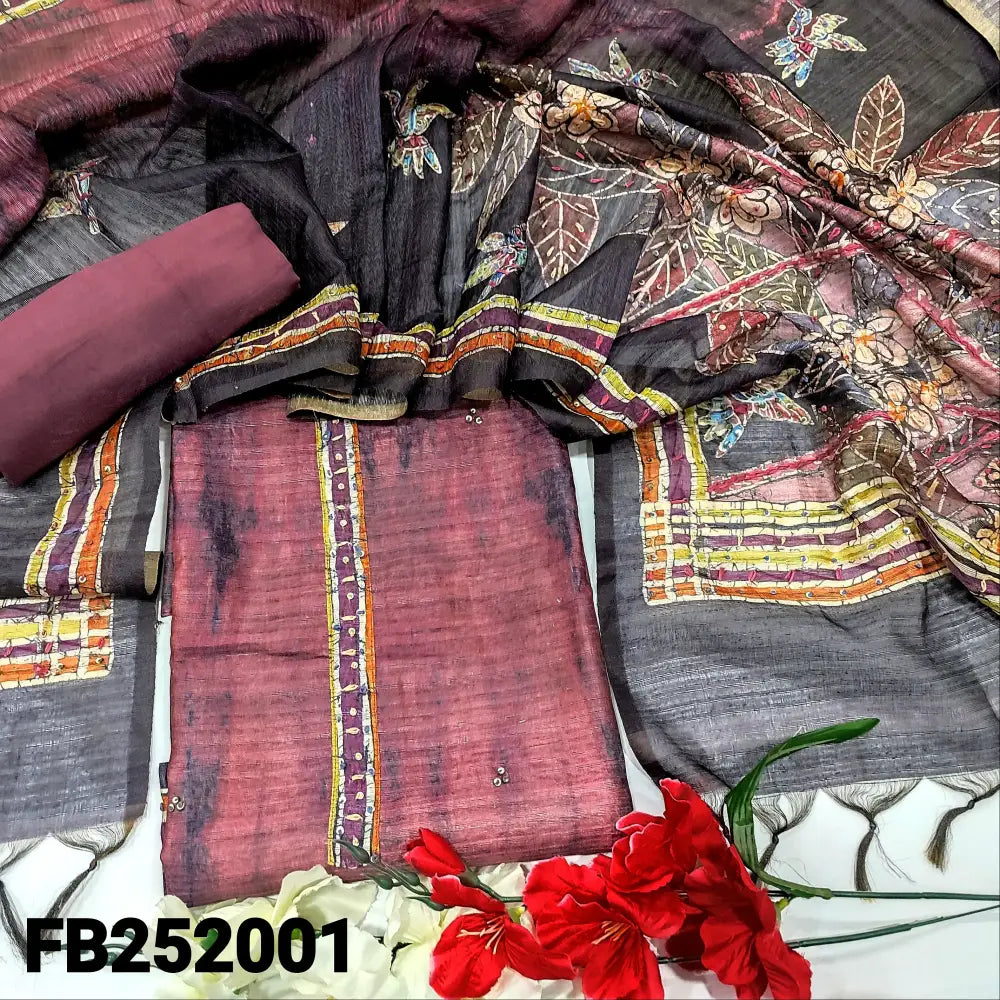 CODE FB242001: Light beetroot purple premium jute silk unstitched salwar material thread& sequins work on yoke&