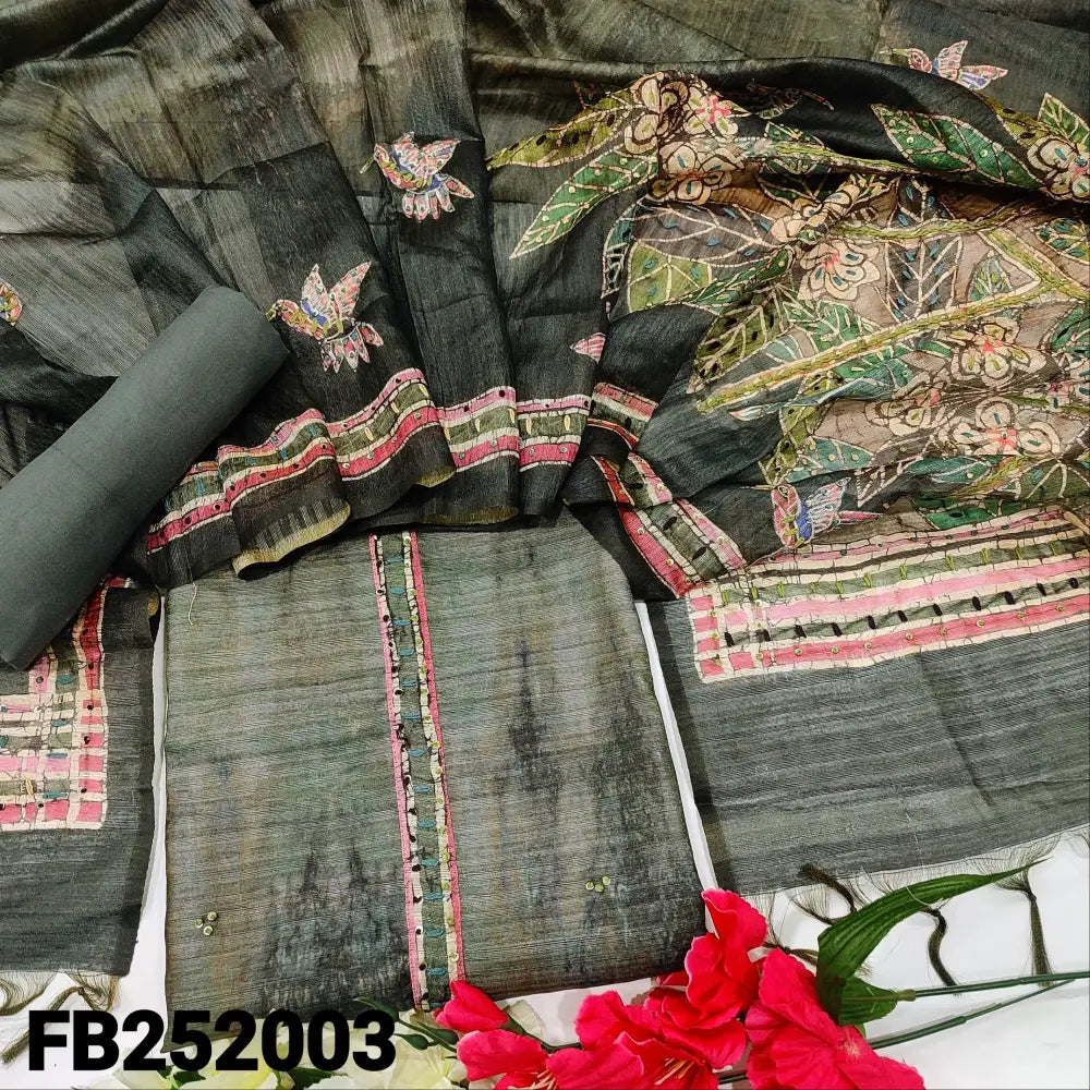 CODE FB242003: Light &dark grey premium jute silk unstitched salwar material thread& sequins work on yoke& front(thin