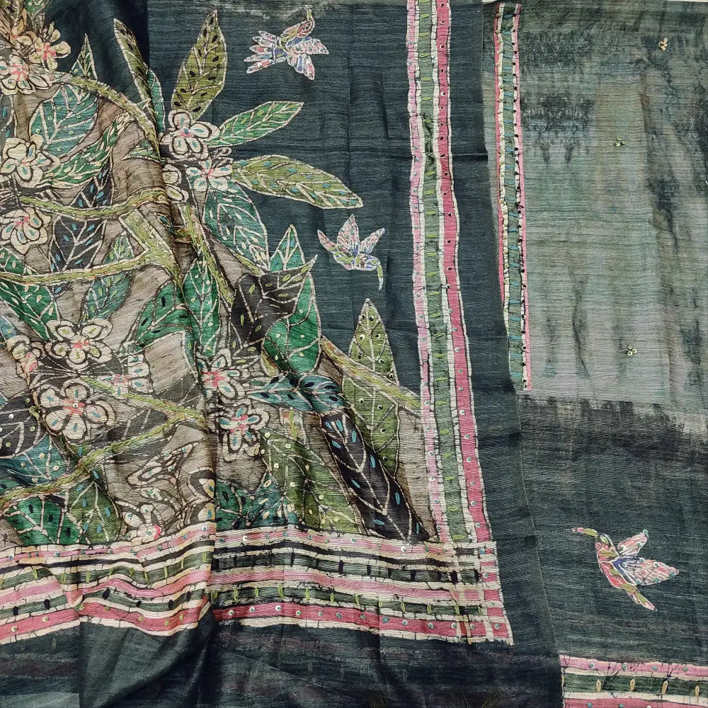 CODE FB242003: Light &dark grey premium jute silk unstitched salwar material thread& sequins work on yoke& front(thin