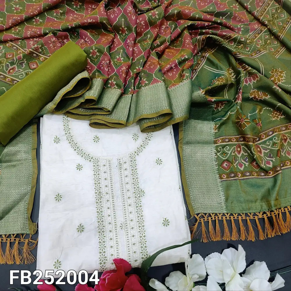 CODE FB242004: Half white fancy silk cotton unstitched salwar material embroidered on front(thin fabric lining