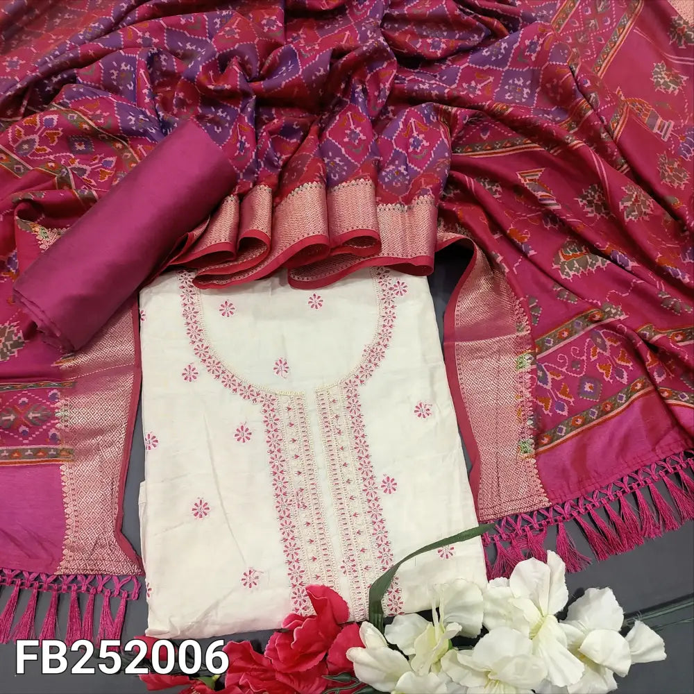 CODE FB242006: Half white fancy silk cotton unstitched salwar material embroidered on front(thin fabric lining