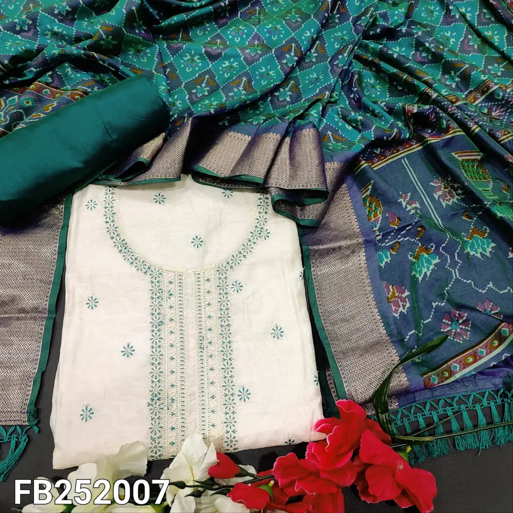 CODE FB242007: Half white fancy silk cotton unstitched salwar material embroidered on front(thin fabric lining