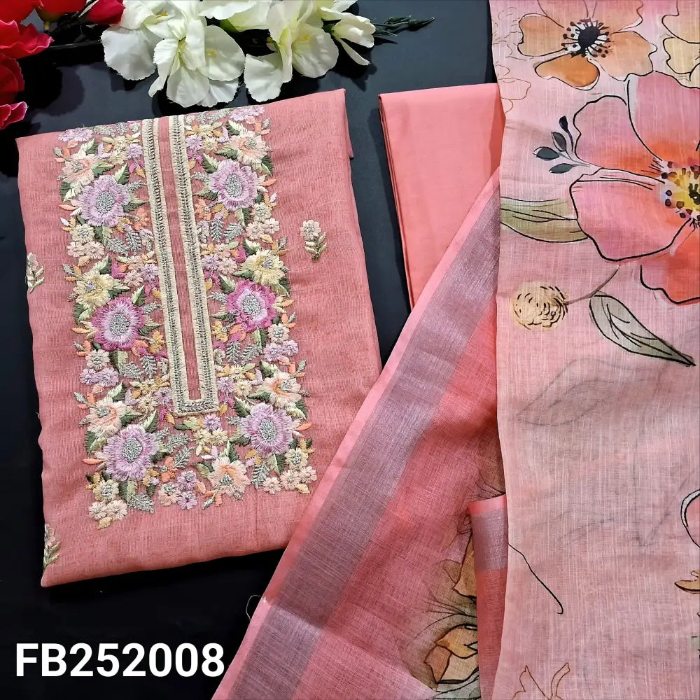 CODE FB242008: Peachish pink fancy semi linen unstitched salwar material floral embroidered on yoke& front(thin fabric