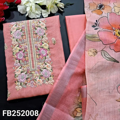 CODE FB242008: Peachish pink fancy semi linen unstitched salwar material floral embroidered on yoke& front(thin fabric