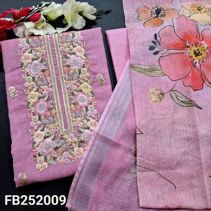 CODE FB242009: Pink fancy semi linen unstitched salwar material floral embroidered on yoke& front(thin fabric lining
