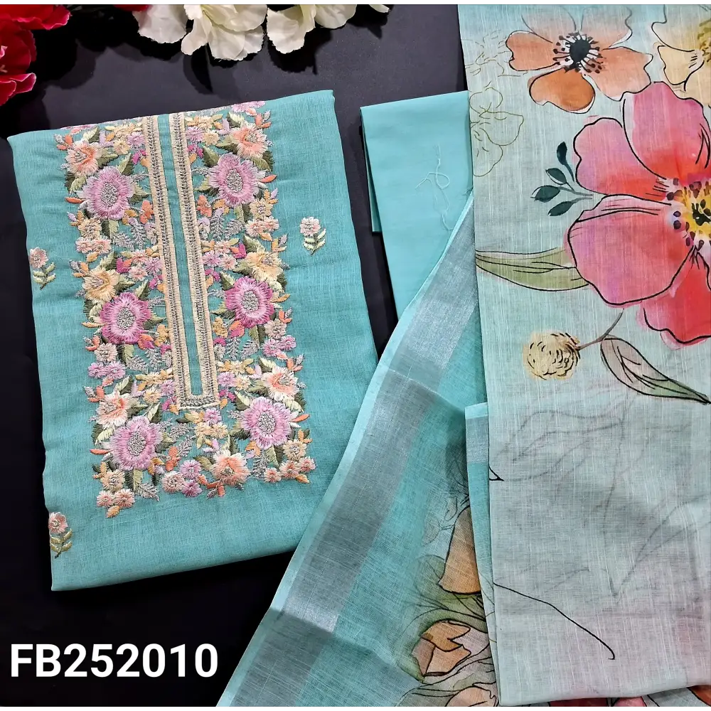 CODE FB242010: Pastel blue fancy semi linen unstitched salwar material floral embroidered on yoke& front(thin fabric