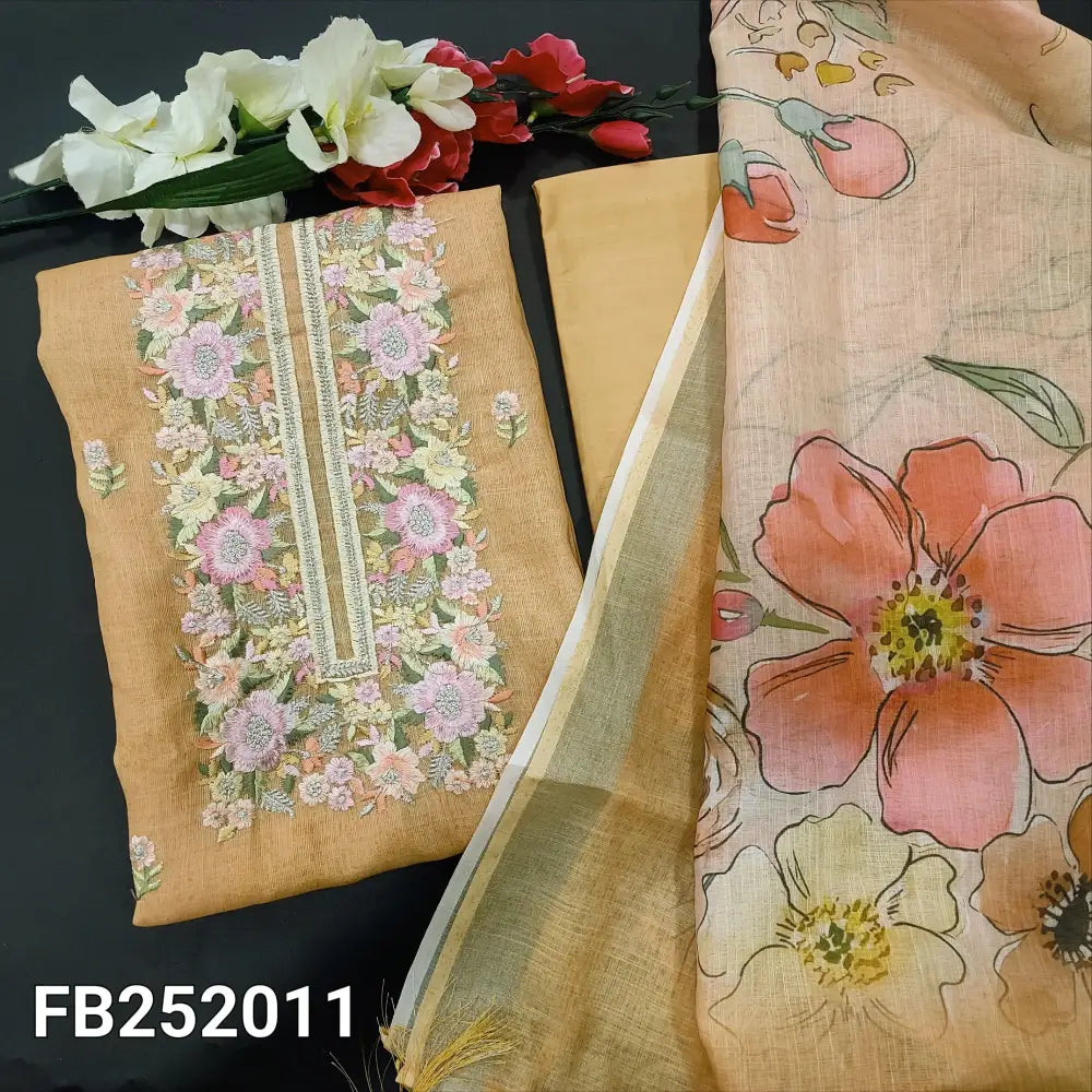 CODE FB242011: Pastel peach fancy semi linen unstitched salwar material floral embroidered on yoke& front(thin fabric