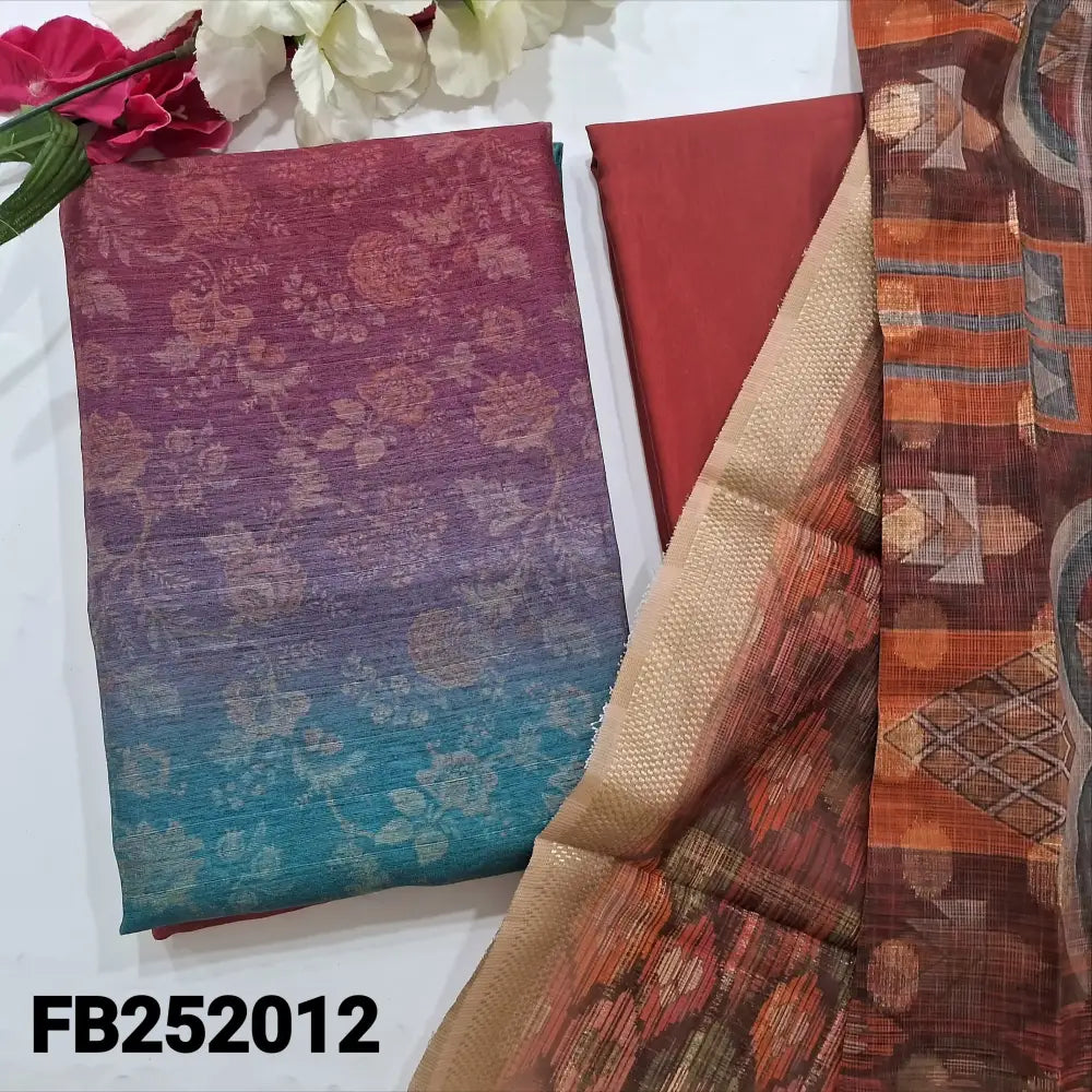CODE FB242012: Peachish pink &blue floral printed fancy jute silk unstitched salwar material(thin fabric lining