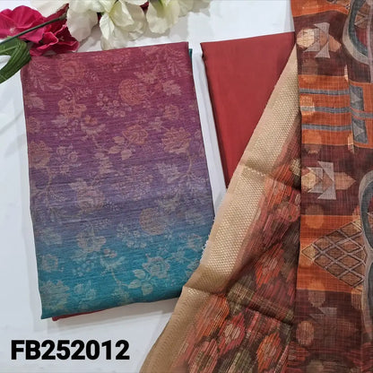 CODE FB242012: Peachish pink &blue floral printed fancy jute silk unstitched salwar material(thin fabric lining