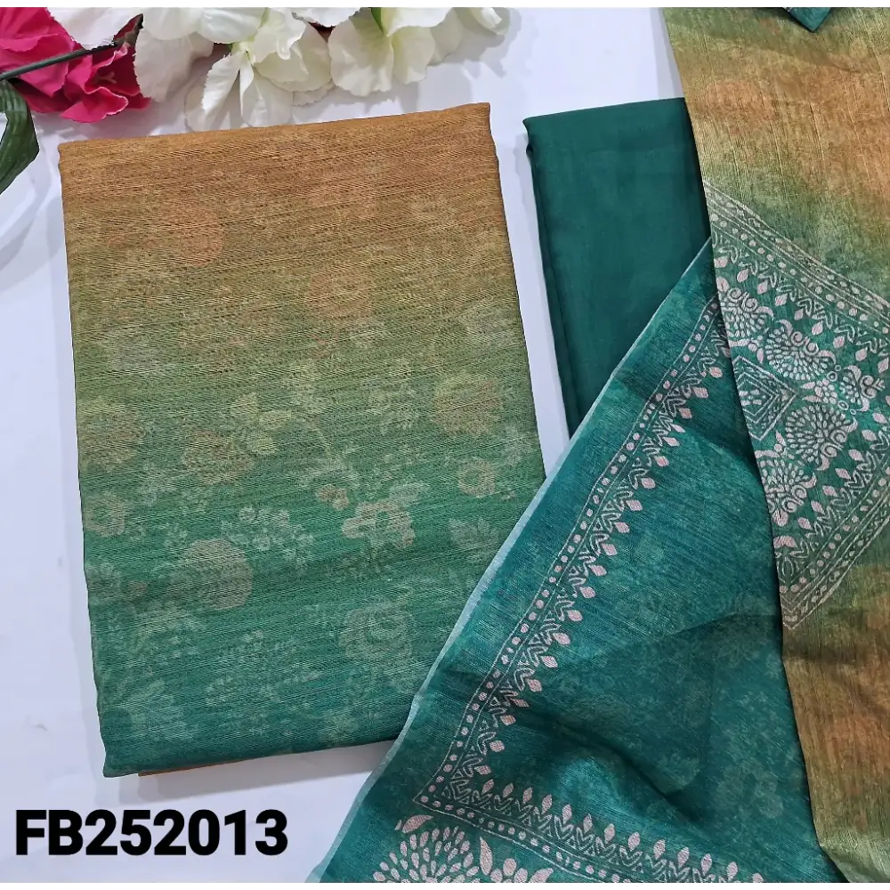 Turquoise green& mehandhi yellow floral printed fancy jute silk unstitched salwar material