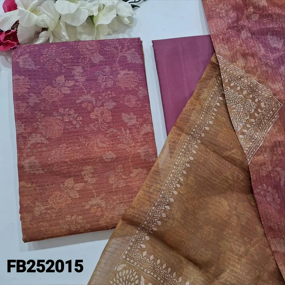 CODE FB242015: Pink& mehandhi green floral printed fancy jute silk unstitched salwar material(thin fabric lining