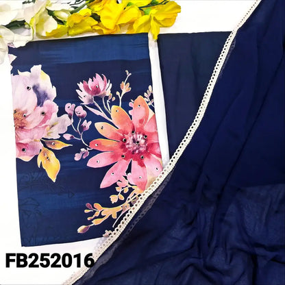 CODE FB242016: Blue floral printed satin cotton unstitched salwar material bead& sequins work on front(lining