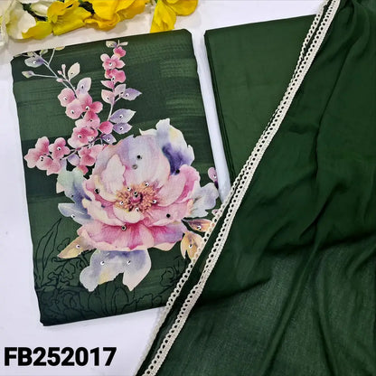 CODE FB242017: Green floral printed satin cotton unstitched salwar material bead& sequins work on front(lining