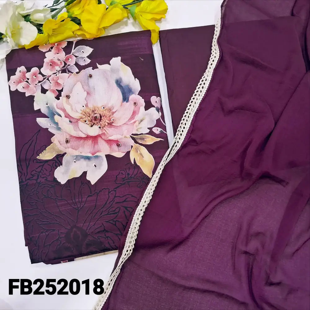 CODE FB242018: Beetroot purple floral printed satin cotton unstitched salwar material bead& sequins work
