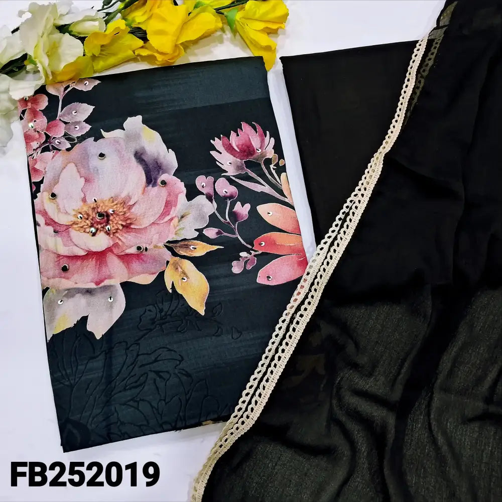 CODE FB242019: Black &grey floral printed satin cotton unstitched salwar material bead& sequins work on front(lining