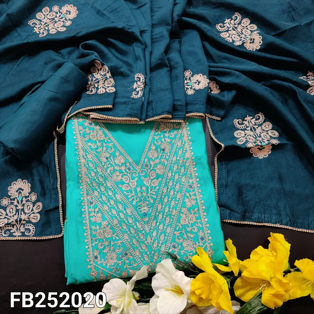 CODE FB242020: Turquoise green fancy soft silk cotton unstitched salwar material heavy zari work on yoke(lining