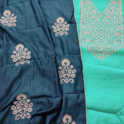 CODE FB242020: Turquoise green fancy soft silk cotton unstitched salwar material heavy zari work on yoke(lining