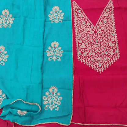 CODE FB242021: Dark pink fancy soft silk cotton unstitched salwar material heavy zari work on yoke(lining