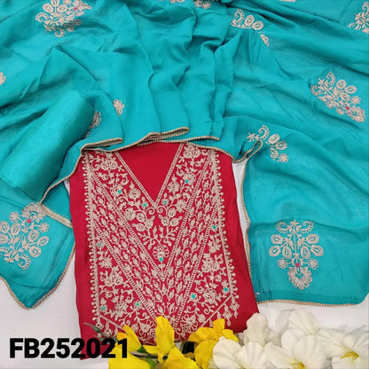 CODE FB242021: Dark pink fancy soft silk cotton unstitched salwar material heavy zari work on yoke(lining