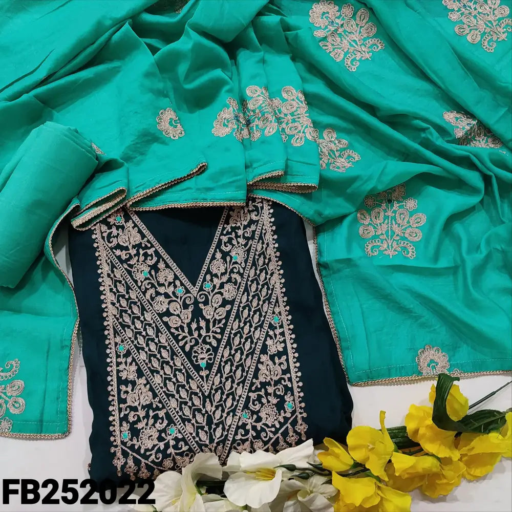 CODE FB242022: Dark teal blue fancy soft silk cotton unstitched salwar material heavy zari work on yoke(lining