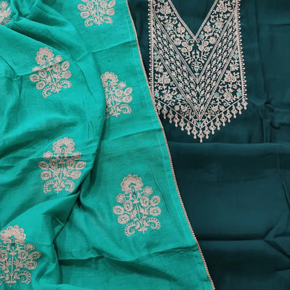 CODE FB242022: Dark teal blue fancy soft silk cotton unstitched salwar material heavy zari work on yoke(lining