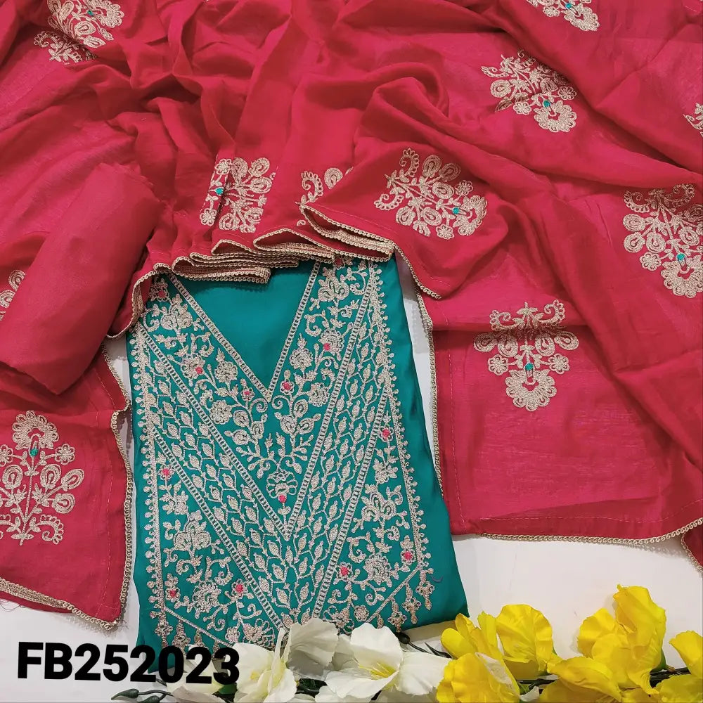 CODE FB242023: Turquoise blue fancy soft silk cotton unstitched salwar material heavy zari work on yoke(lining