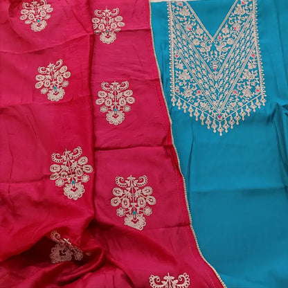 CODE FB242023: Turquoise blue fancy soft silk cotton unstitched salwar material heavy zari work on yoke(lining