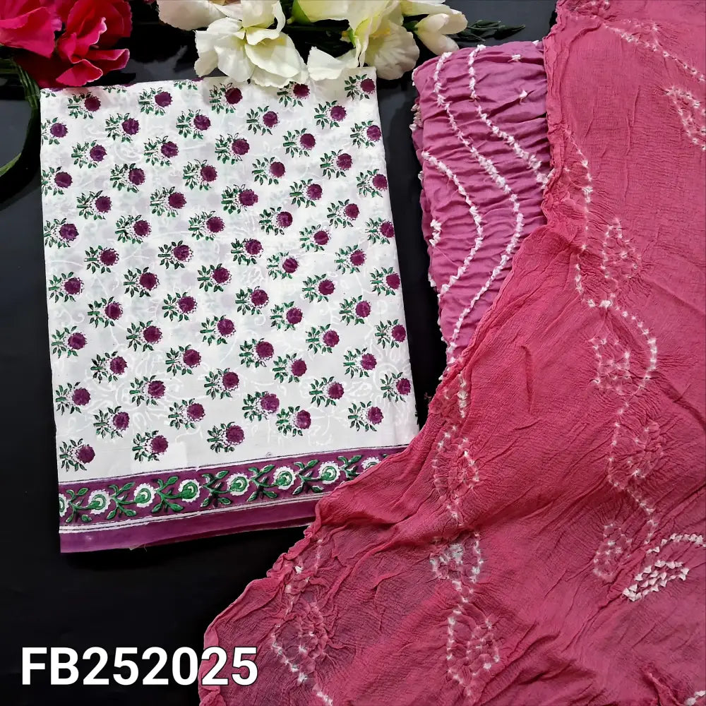 CODE FB242025: White base hand block printed premium cotton unstitched salwar material(thin fabric lining needed)pink