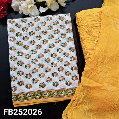 CODE FB242026: White base hand block printed premium cotton unstitched salwar material(thin fabric lining needed)yellow